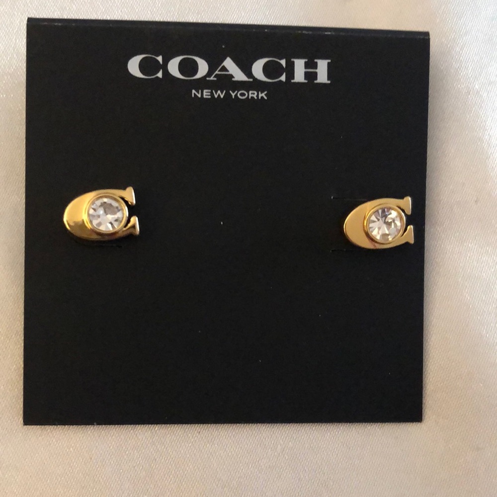 Coach Polished Gold Tone Signature C Stud Earrings Clear Crystal Accent NWT